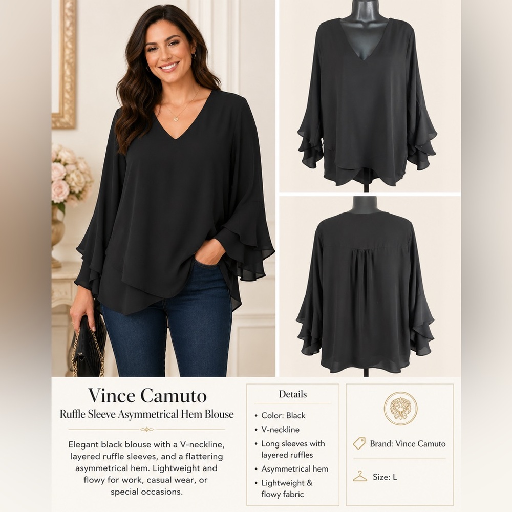 Vince Camuto Black Ruffle-Sleeve V-Neck Blouse